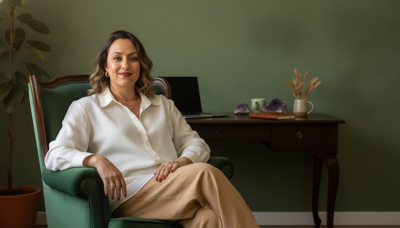 Renata Werner sentada, olhar direto, convocando