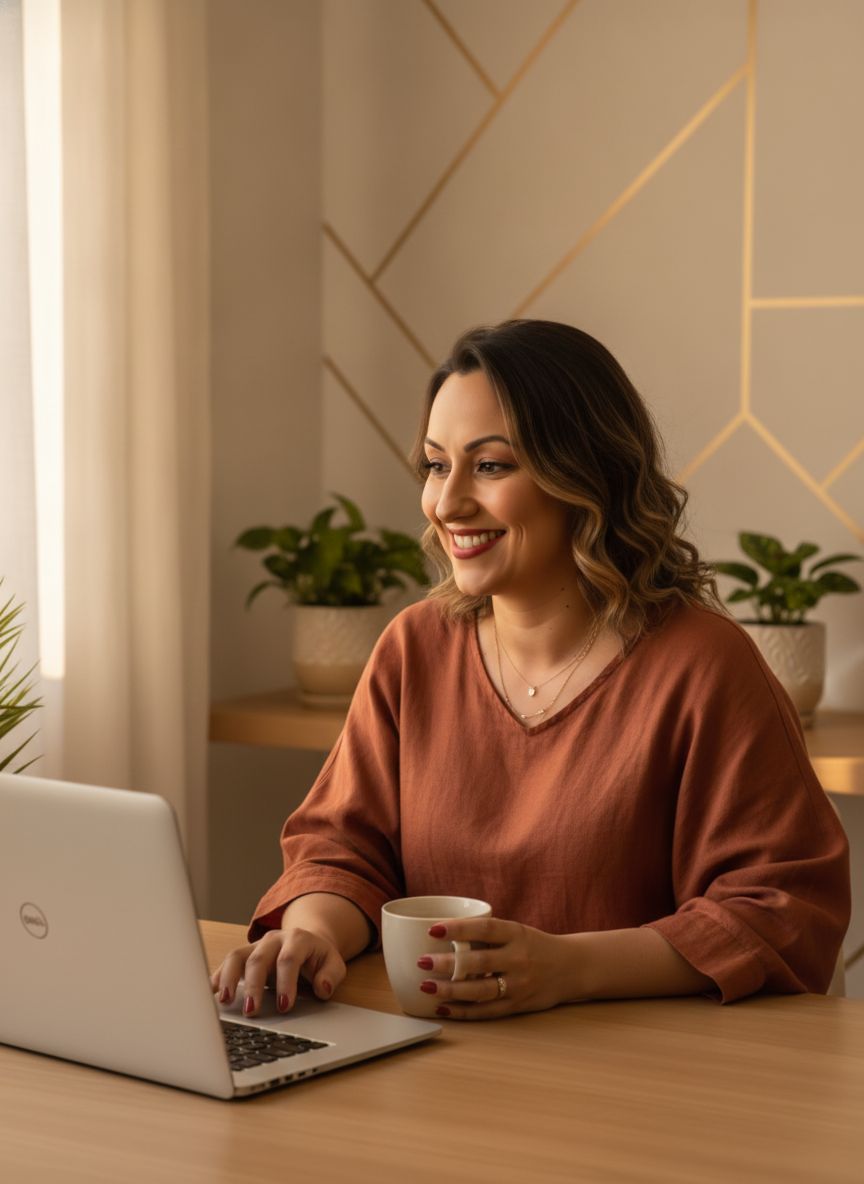 Renata Werner construindo no laptop, xícara na mão